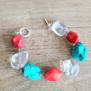 Hand made coral, turquoise and clear quartz bracelet.